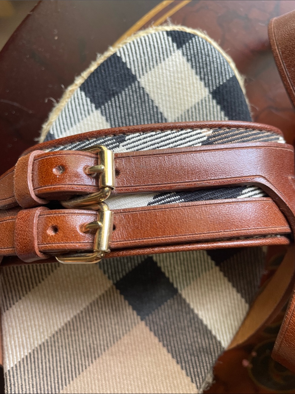 Burberry Brown Leather & Beige Check Espadrille Wedge Sandals - Picture 10 of 16